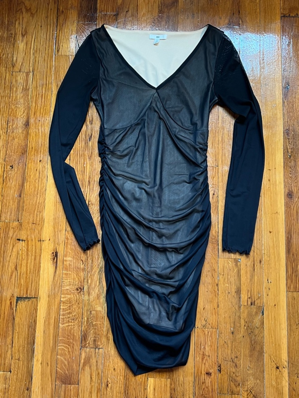 bp Black Long-Sleeve Ruched V-Neck Mesh Dress